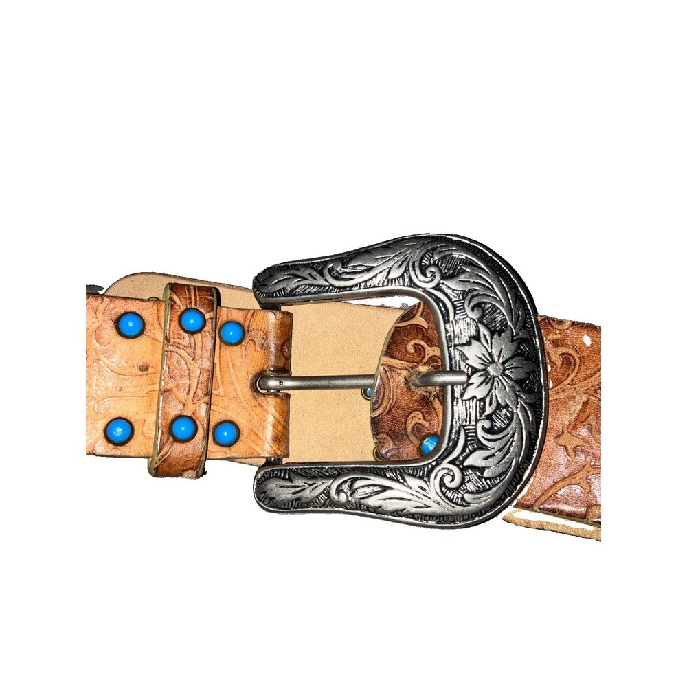 VTG Nanni Wide Leather Belt Women Sz S Faux Turquoise Italy Ornate Western Boho